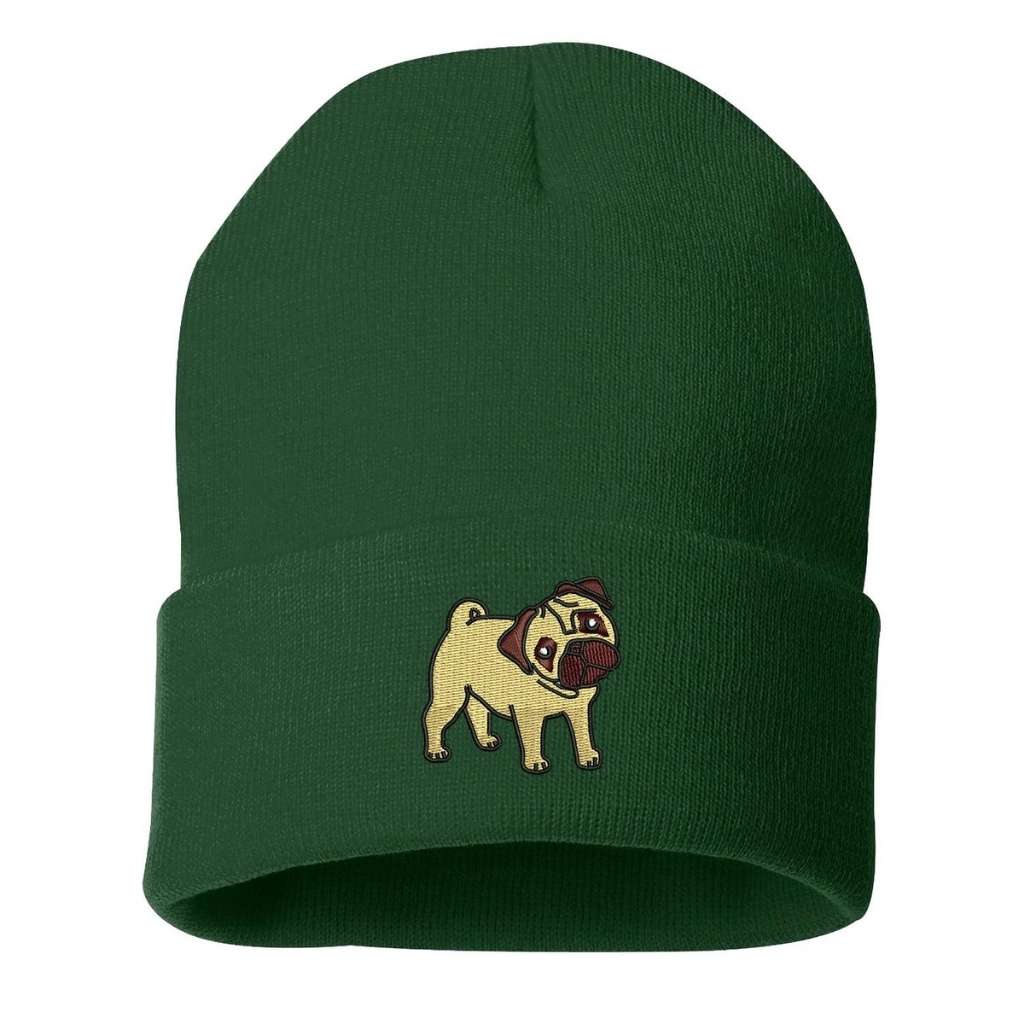 Forest green cuffed beanie with Pug embroidered on the front - DSY Lifestyle