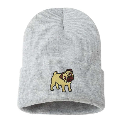 Light heather grey cuffed beanie with Pug embroidered on the front - DSY Lifestyle