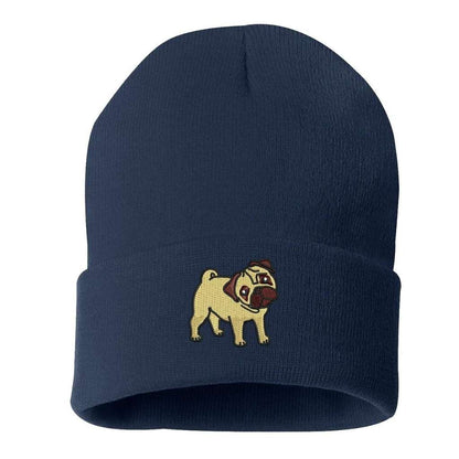 Navy blue cuffed beanie with Pug embroidered on the front - DSY Lifestyle