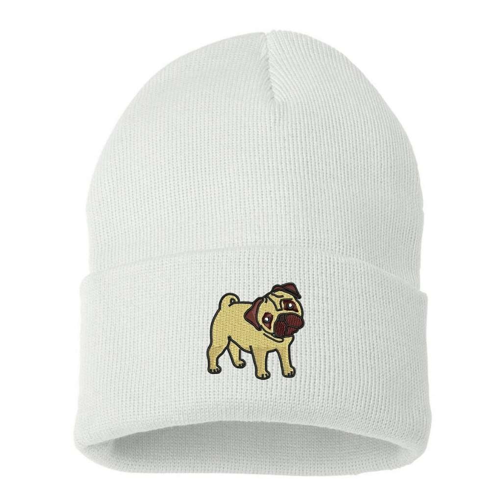 White cuffed beanie with Pug embroidered on the front - DSY Lifestyle