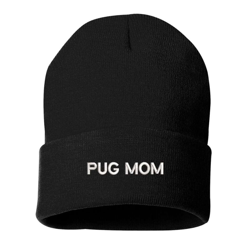 Black cuffed beanie with PUG MOM embroidered in white - DSY Lifestyle