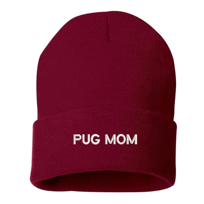 Burgundy cuffed beanie with PUG MOM embroidered in white - DSY Lifestyle