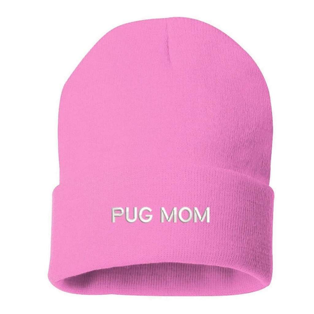 Light pink cuffed beanie with PUG MOM embroidered in white - DSY Lifestyle