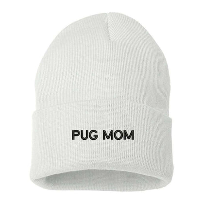 White cuffed beanie with PUG MOM embroidered in black - DSY Lifestyle
