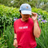 Female wearing a red shirt with Pug Mom printed in the front - DSY Lifestyle