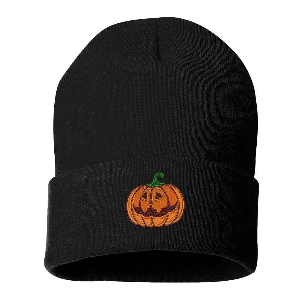 Black cuffed beanie with an orange smiling pumpkin embroidered on the front - DSY Lifestyle