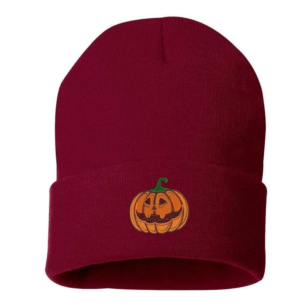 Burgundy cuffed beanie with an orange smiling pumpkin embroidered on the front - DSY Lifestyle