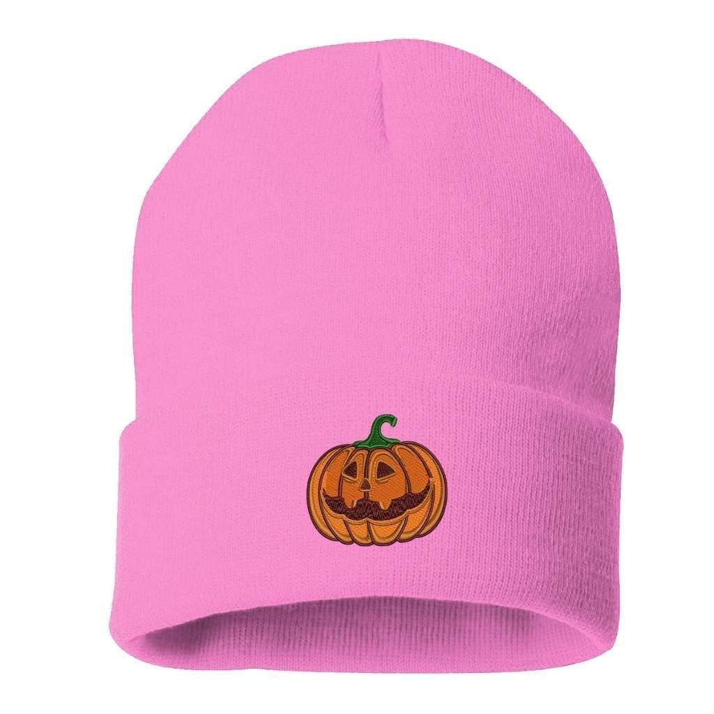 Light pink cuffed beanie with an orange smiling pumpkin embroidered on the front - DSY Lifestyle