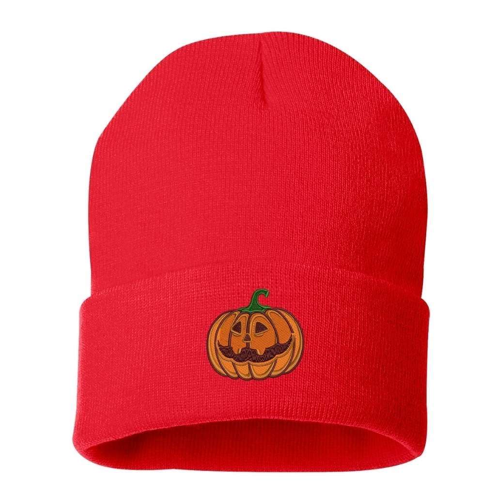 Red cuffed beanie with an orange smiling pumpkin embroidered on the front - DSY Lifestyle