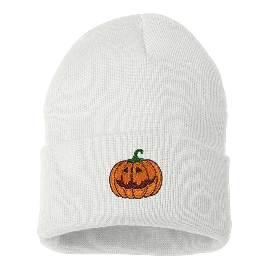 White cuffed beanie with an orange smiling pumpkin embroidered on the front - DSY Lifestyle