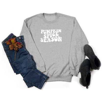Unisex Heather gray sweatshirt with pumpkin spice sprinted in the front in white - DSY Lifestyle