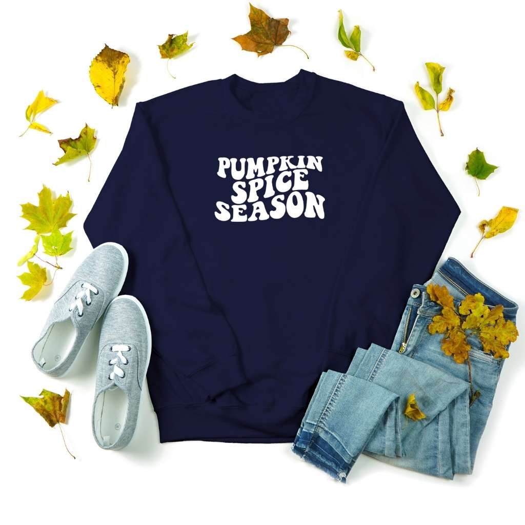 Unisex Navy sweatshirt with pumpkin spice sprinted in the front in white - DSY Lifestyle