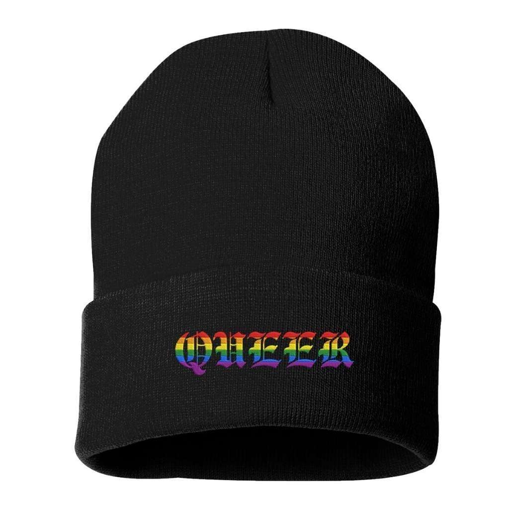 Black cuffed beanie with QUEER embroidered in rainbow colors - DSY Lifestyle