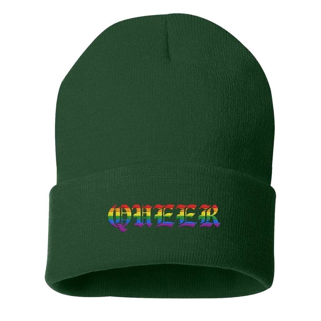 Forest green cuffed beanie with QUEER embroidered in rainbow colors - DSY Lifestyle