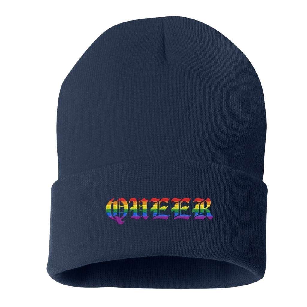 Navy blue cuffed beanie with QUEER embroidered in rainbow colors - DSY Lifestyle