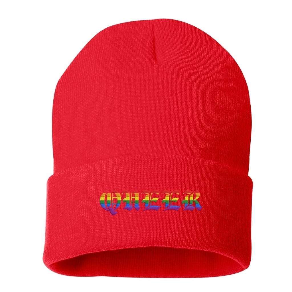 Red cuffed beanie with QUEER embroidered in rainbow colors - DSY Lifestyle