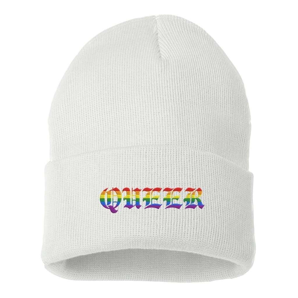 White cuffed beanie with QUEER embroidered in rainbow colors - DSY Lifestyle
