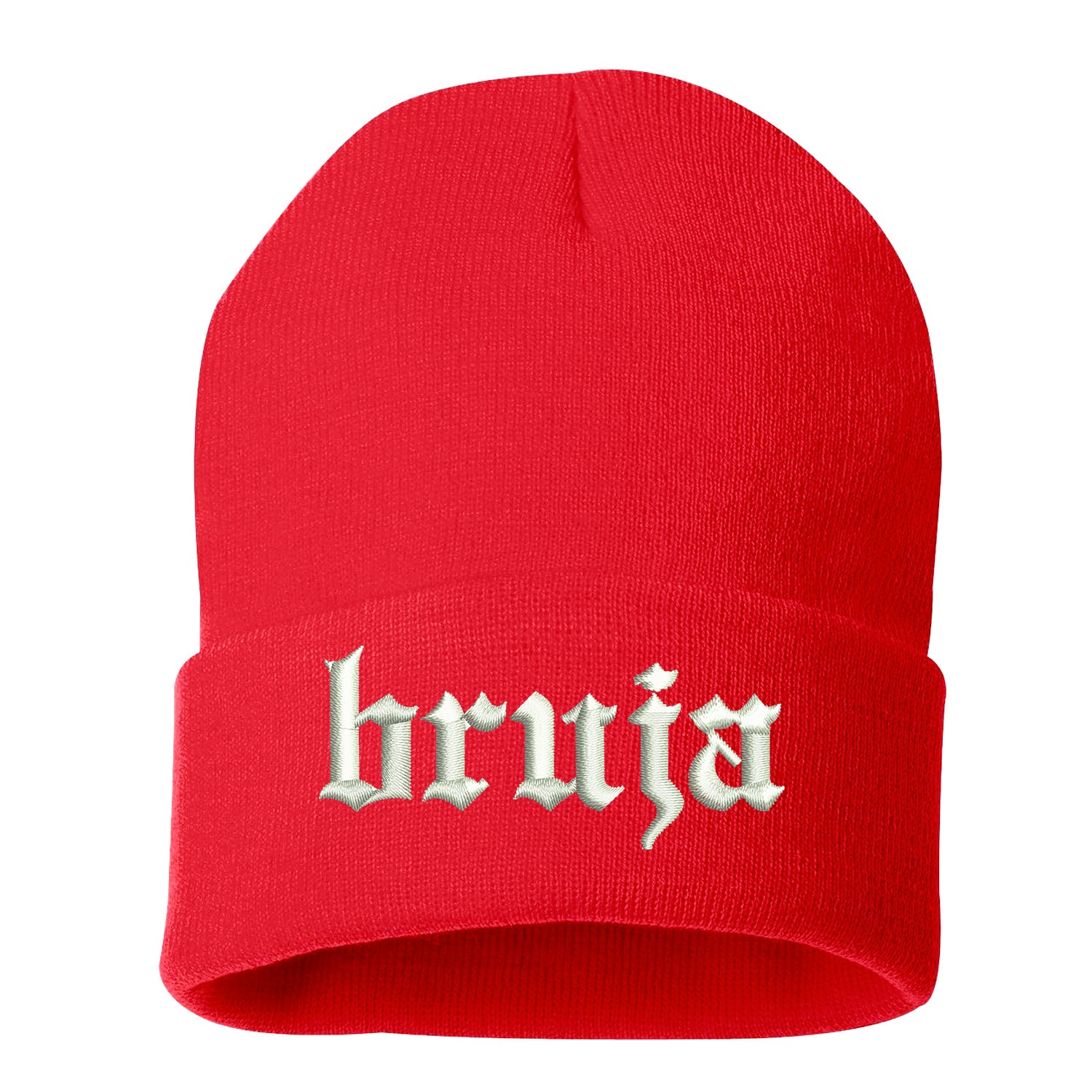 Bruja Embroidered Cuffed Beanie Cap, Beanie, Cuffed Beanie Cap, Bruja Embroidery, Embroidered Beanie Cap, Custom Embroidery, Red Cuffed Beanie, DSY Lifestyle Beanie, Made in LA