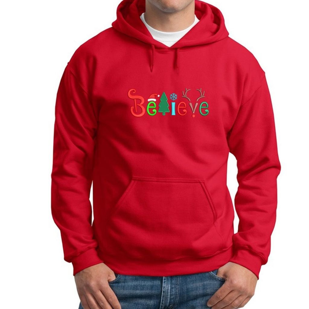 Red Hoodie embroidered with believe in Christmas Colors- DSY Lifestyle