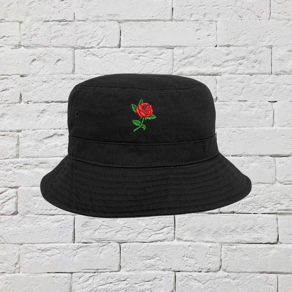 Embroidered Red Rose on black bucket hat - DSY Lifestyle