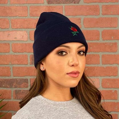 Model wearing black cuffed beanie with red rose embroidered on the front - DSY Lifestyle
