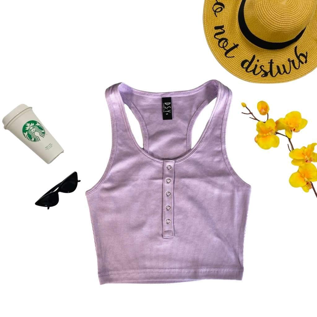 Flat Lay of lilac racerback crop top with snap closure - DSY Lifestyle
