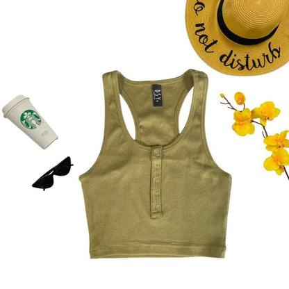 Flat Lay of olive racerback crop top with snap closure - DSY Lifestyle