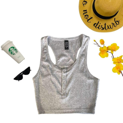 Flat Lay of gray racerback crop top with snap closure - DSY Lifestyle