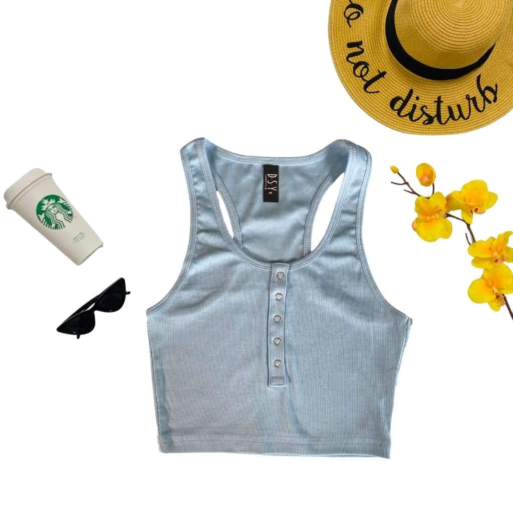 Flat Lay of sky blue racerback crop top with snap closure - DSY Lifestyle