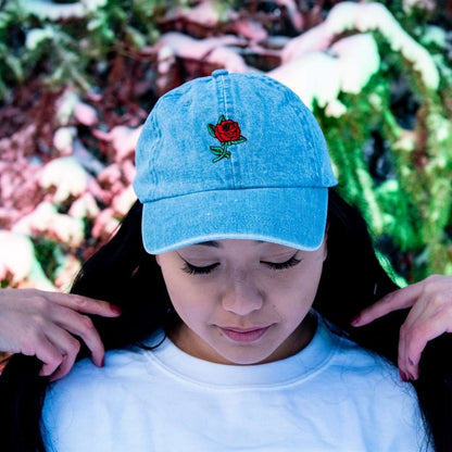 Light Denim baseball hat embroidered with a red rose in the front- DSY Lifestyle
