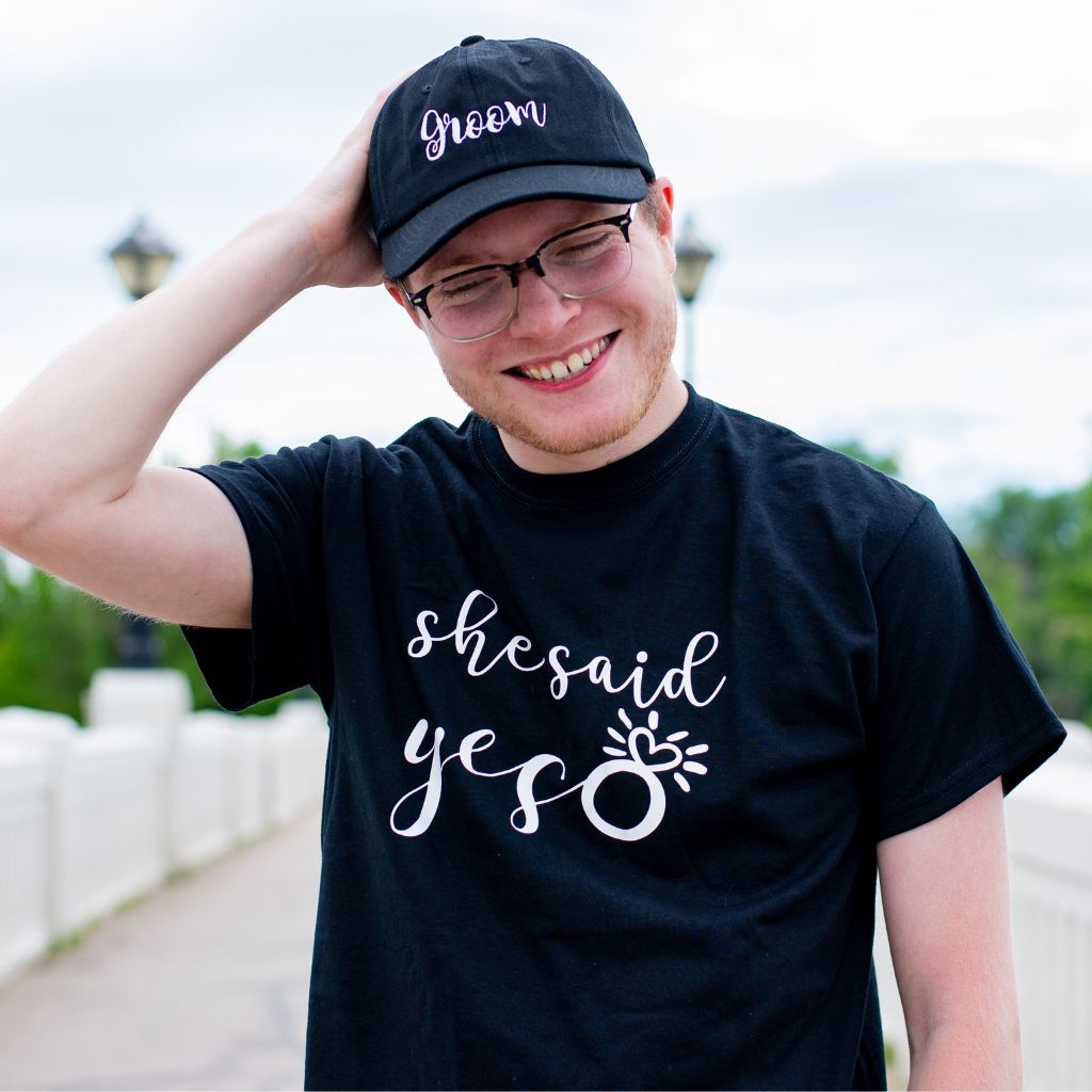 Male wearing a black t-shirt with She said yes and a ring - DSY Lifestyle