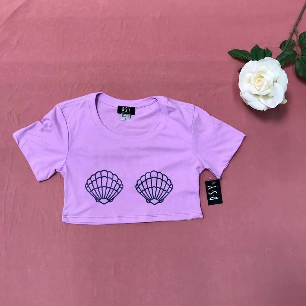 Sea Shell Underboob Tee, Underboob Crop Top, Mermaid Underboob, Printed Crop Top, Sexy Underboob, Sea Shell Shirt, Pink Underboob Top, DSY Lifestyle, Made in LA