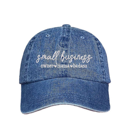 Denim baseball hat embroidered with Small Business owner mama bad ass