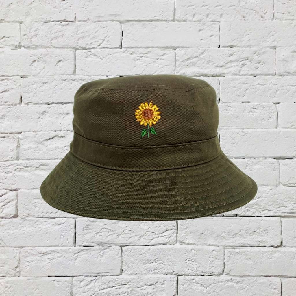 Embroidered Sunflower on olive bucket hat - DSY Lifestyle