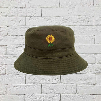 Embroidered Sunflower on olive bucket hat - DSY Lifestyle