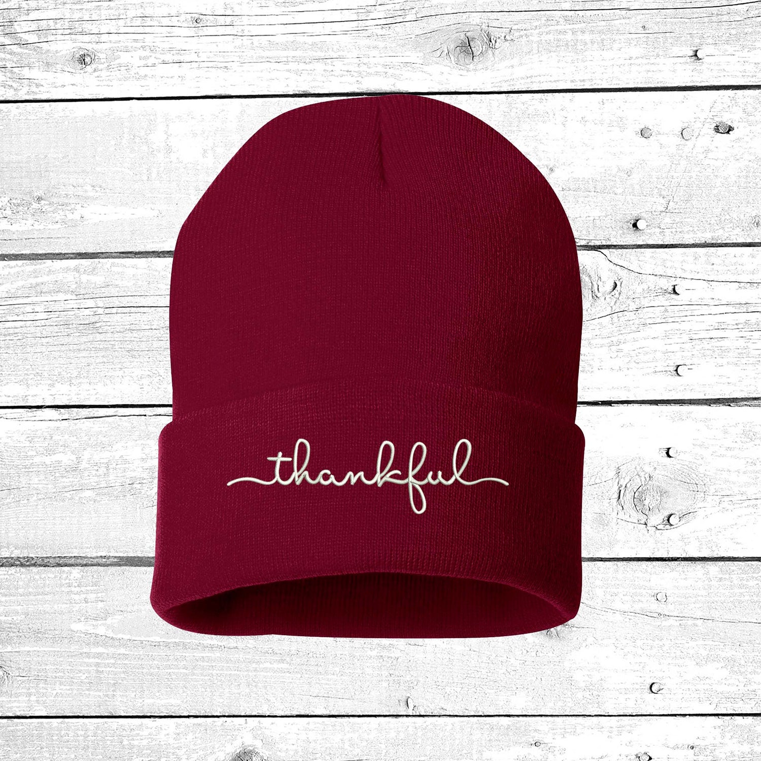 Burgundy Beanie embroidered with Thankful Cuffed Beanie - DSY Lifestyle