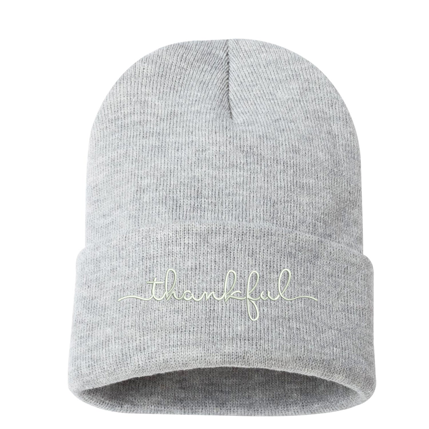 Heather Gray Beanie embroidered with Thankful Cuffed Beanie - DSY Lifestyle