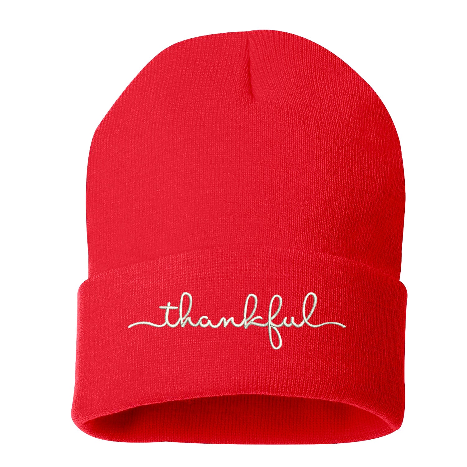 Red Beanie embroidered with Thankful Cuffed Beanie - DSY Lifestyle