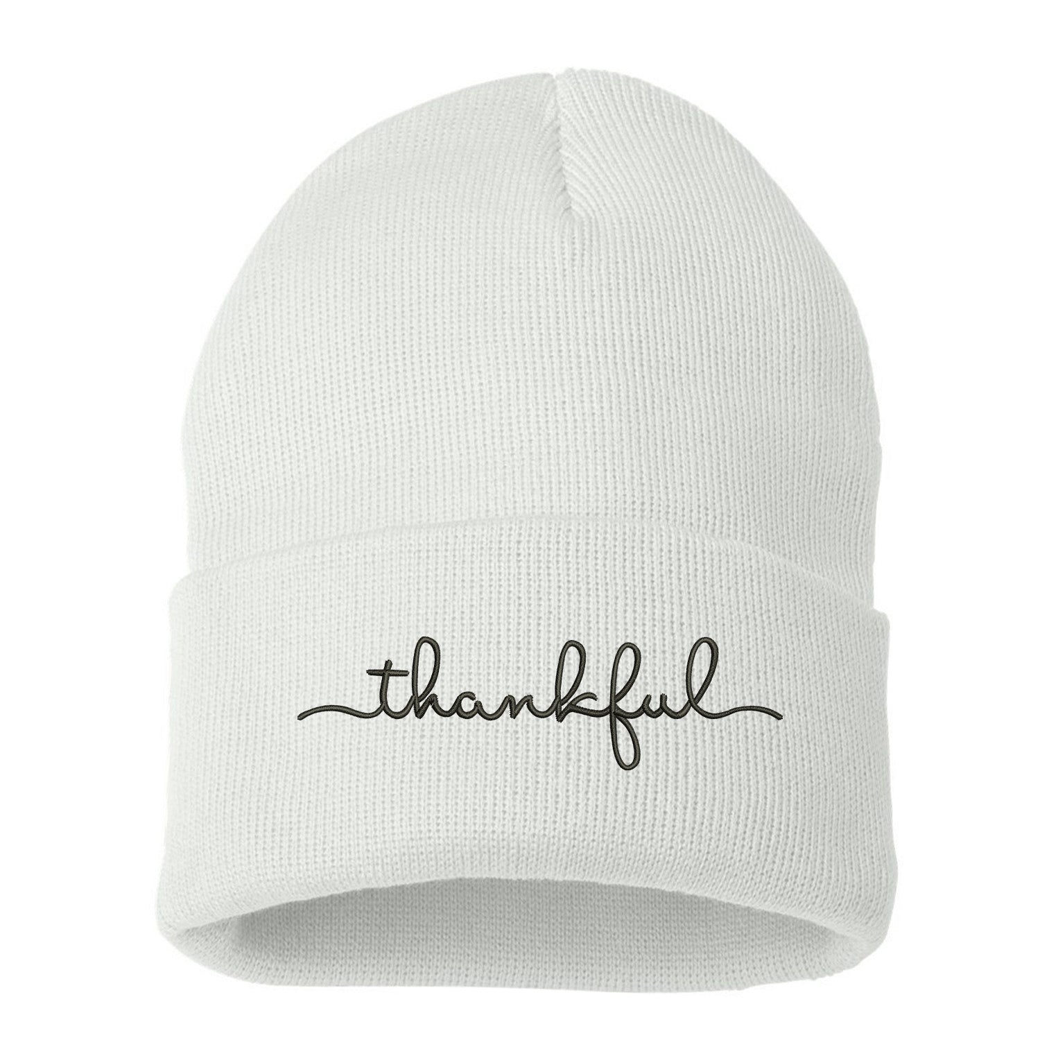 White Beanie embroidered with Thankful Cuffed Beanie - DSY Lifestyle
