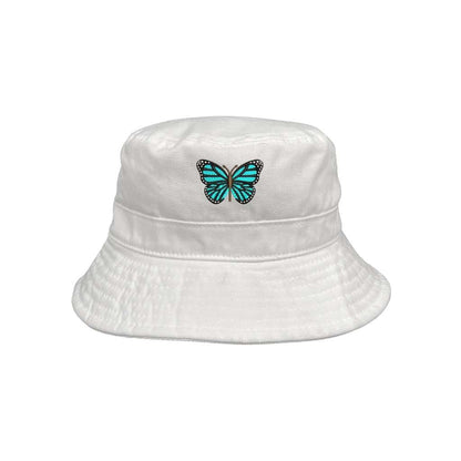 Embroidered turquoise butterfly on white bucket hat - DSY Lifestyle