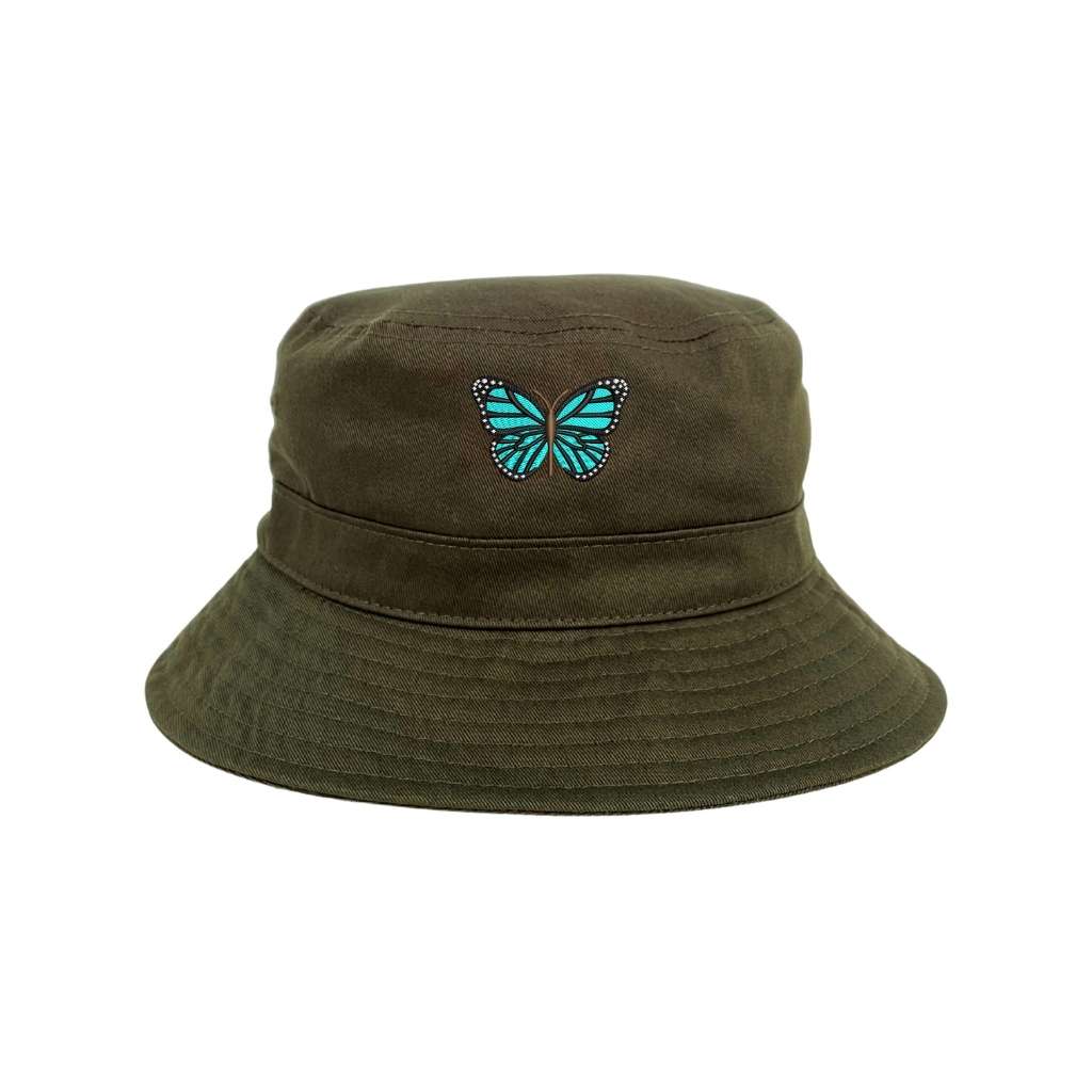 Embroidered turquoise butterfly on olive bucket hat - DSY Lifestyle