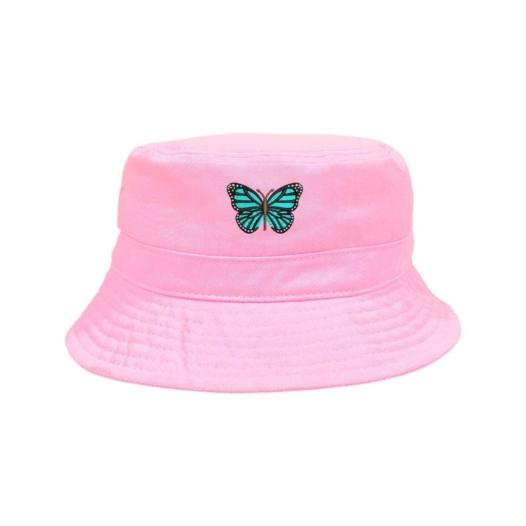 Embroidered turquoise butterfly on pink bucket hat - DSY Lifestyle