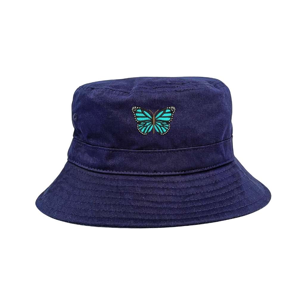 Embroidered turquoise butterfly on navy bucket hat - DSY Lifestyle