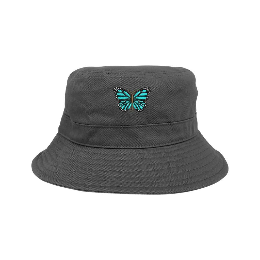 Embroidered turquoise butterfly on grey bucket hat - DSY Lifestyle