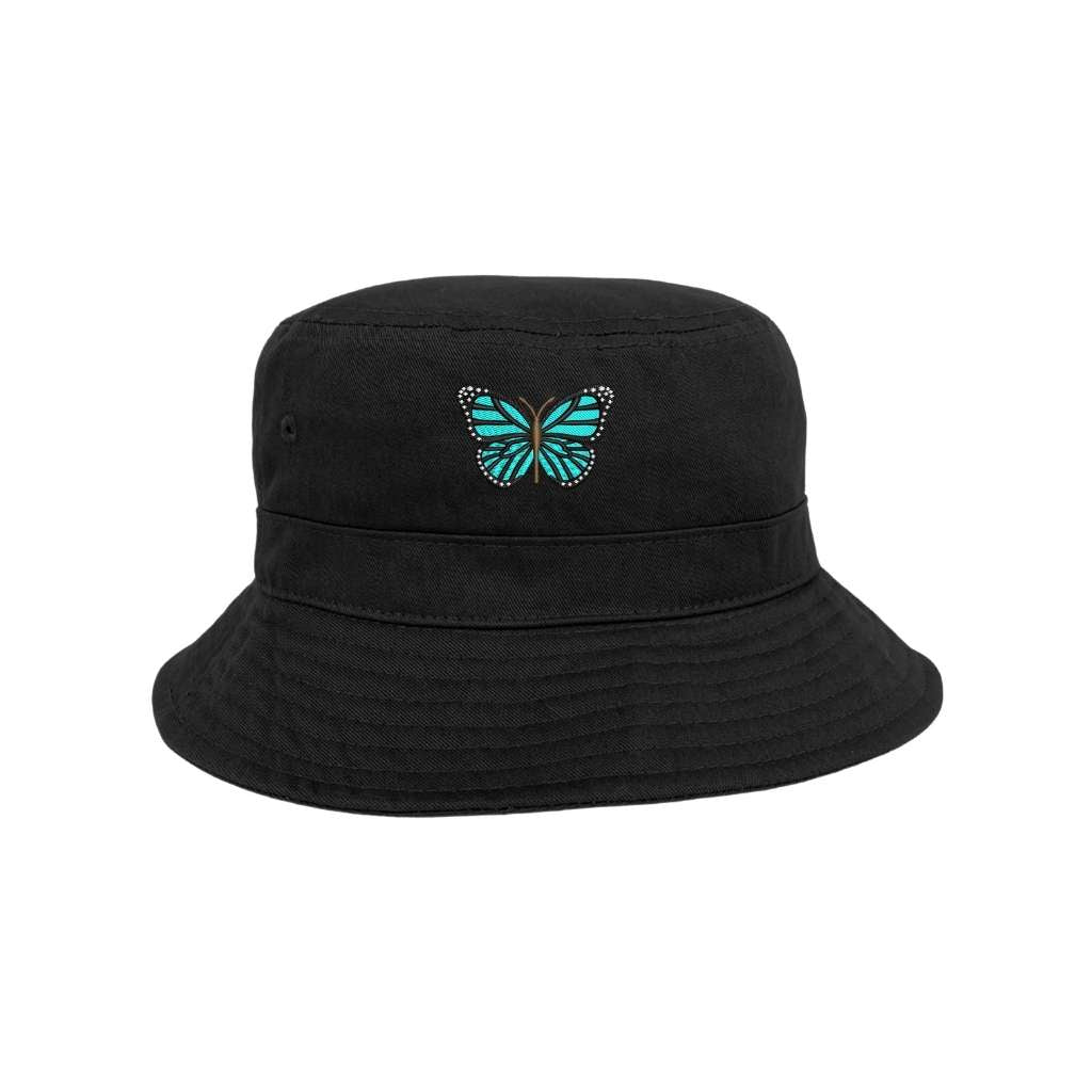 Embroidered turquoise butterfly on black bucket hat - DSY Lifestyle
