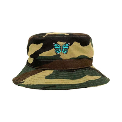 Embroidered turquoise butterfly on camo bucket hat - DSY Lifestyle