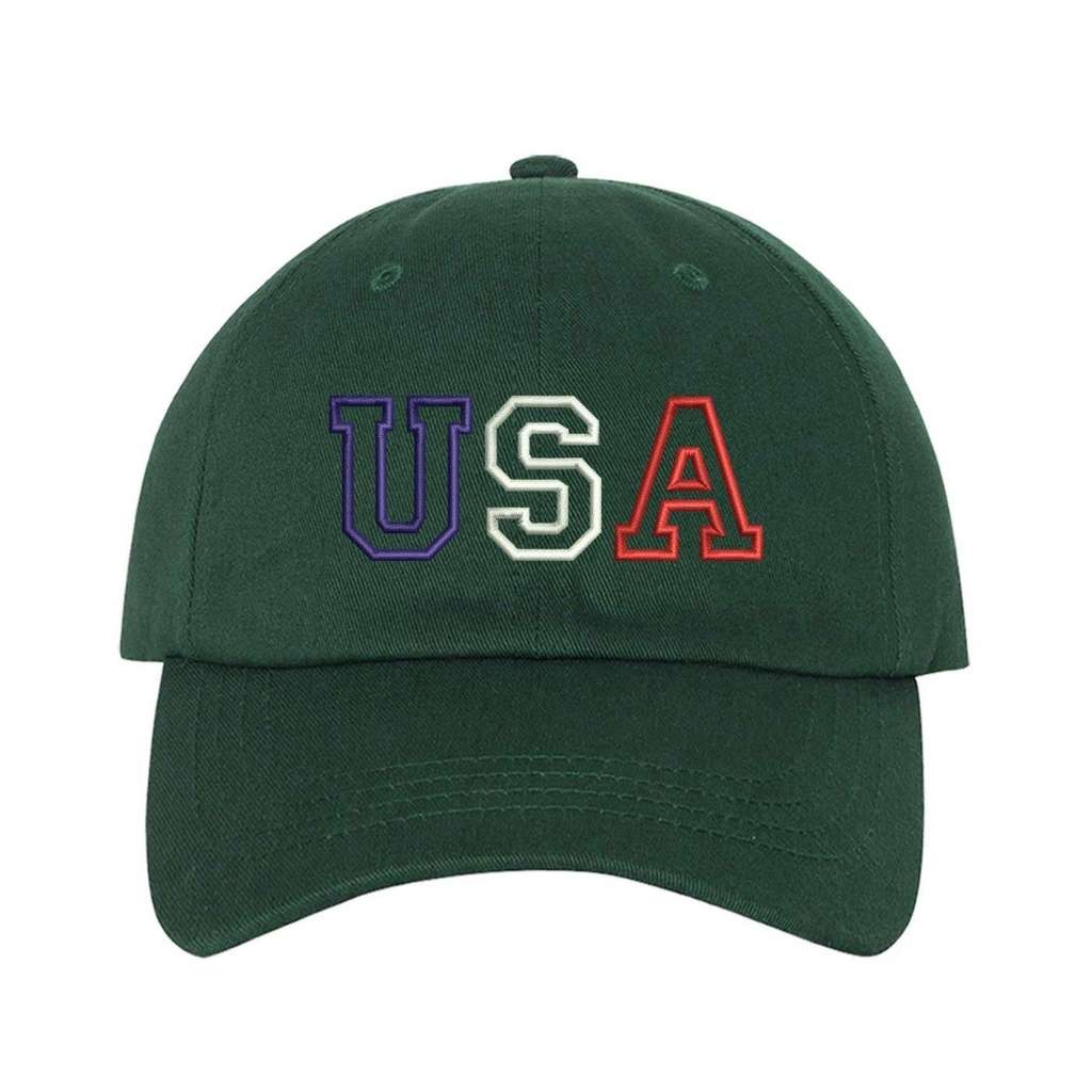 Forest green baseball hat with USA embroidered in red, white, and blue - DSY Lifestyle