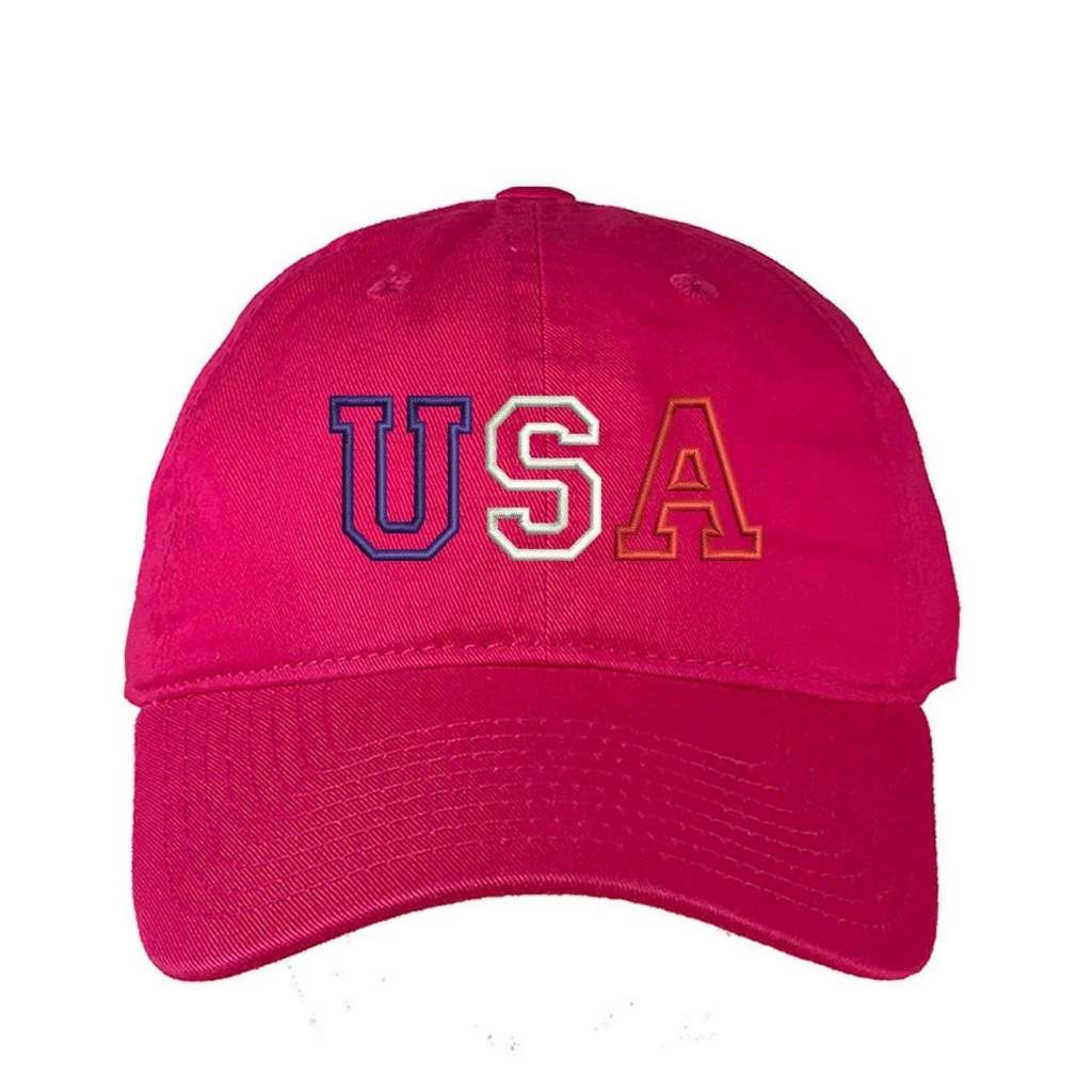 Hot pink baseball hat with USA embroidered in red, white, and blue - DSY Lifestyle