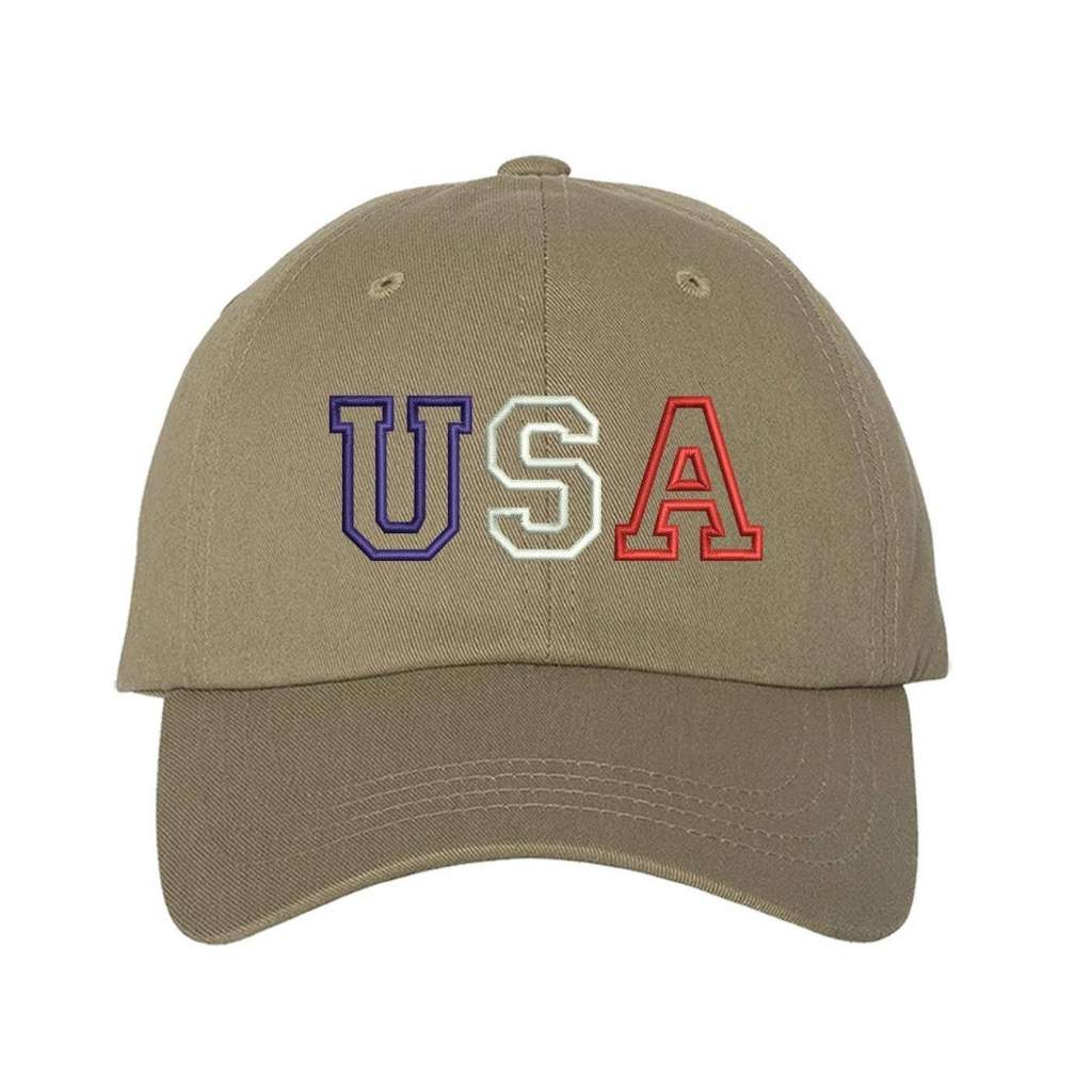 Khaki baseball hat with USA embroidered in red, white, and blue - DSY Lifestyle