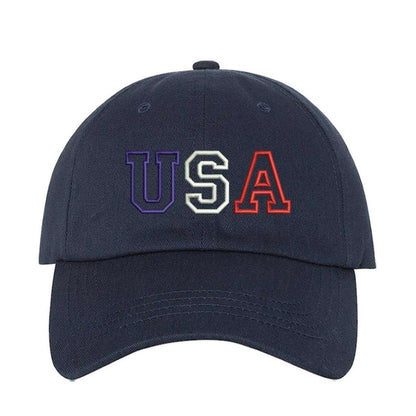 Navy blue baseball hat with USA embroidered in red, white, and blue - DSY Lifestyle